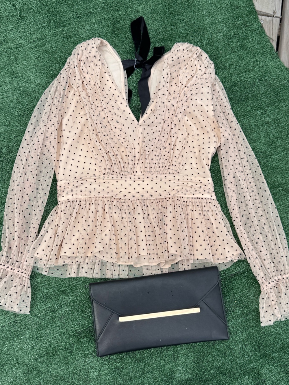 Loft Pleated Polka Dot V-Neck Peplum Blouse - Cream/Black